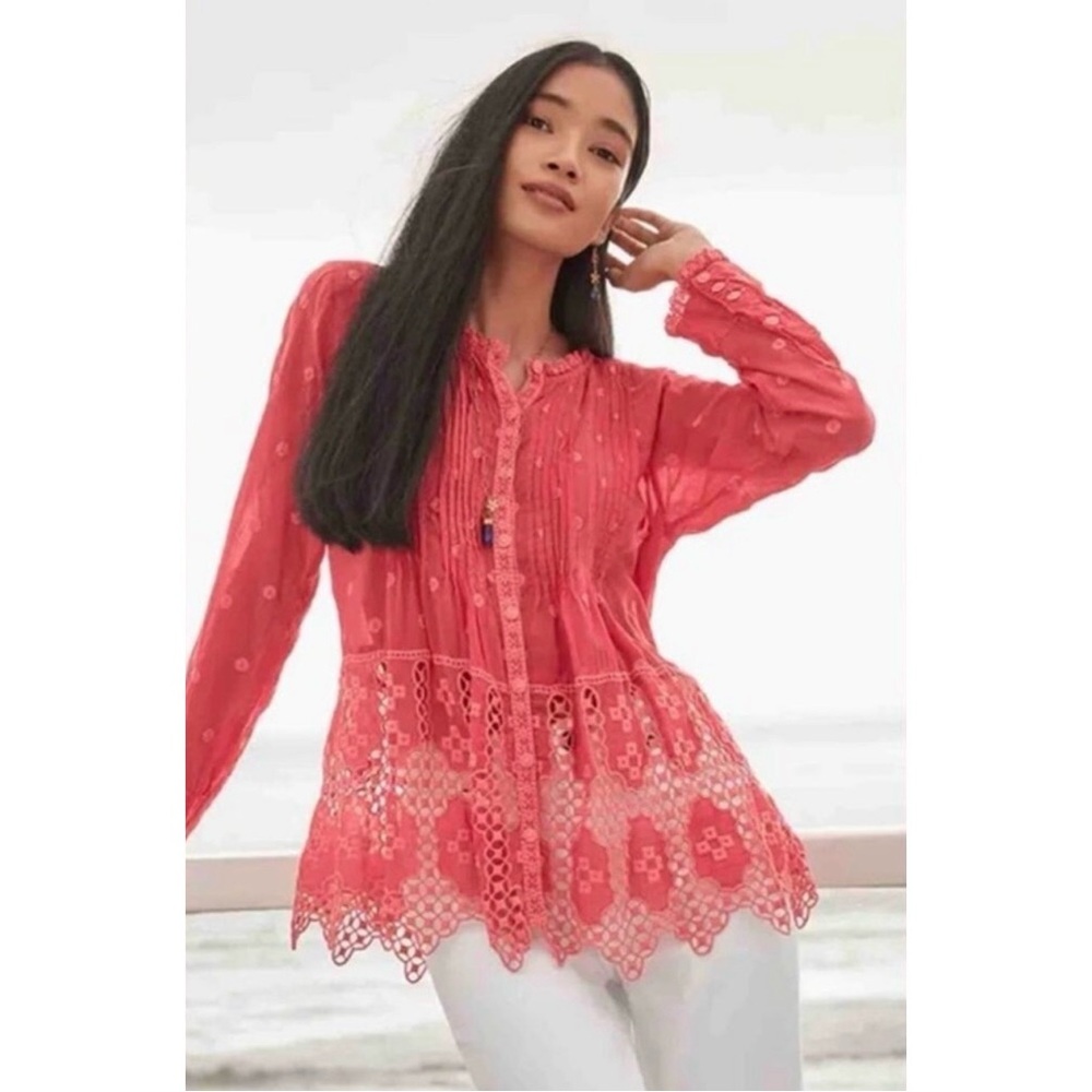 Johnny Was Baez Phaedra Embroidered Blouse in Passion Fruit Color